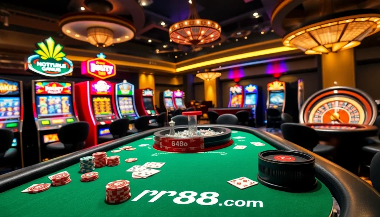 Experience premium gaming at rr88.com with a vibrant poker table and exciting slot machines.