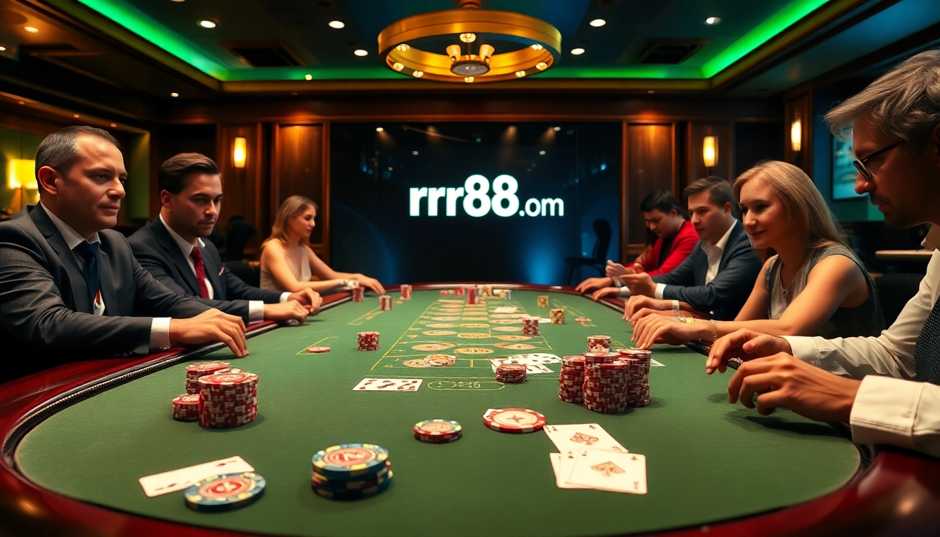 Players engaging at a high-stakes poker table, showcasing excitement linked to rr88.com.