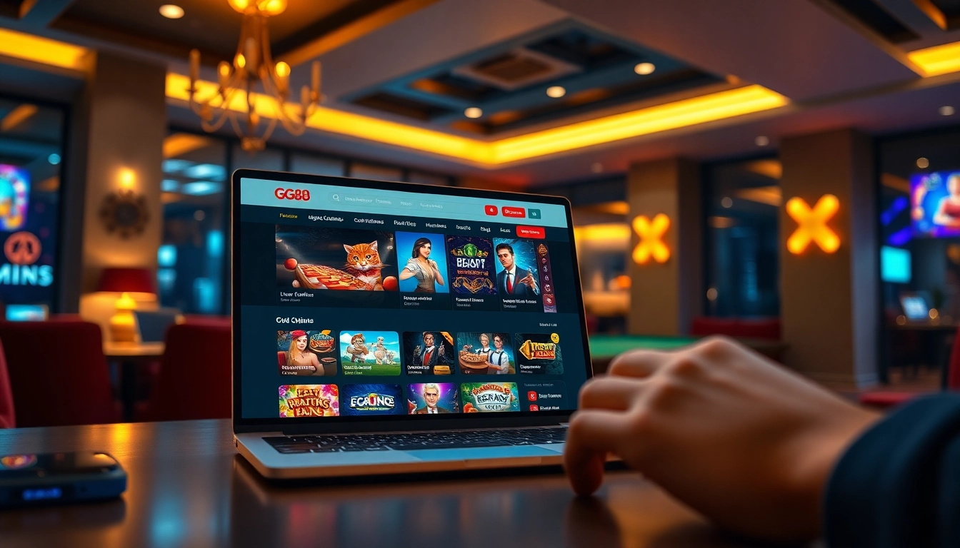 Engaging digital interface of Nhà cái GG88 showcasing online casino games in a luxurious setting.