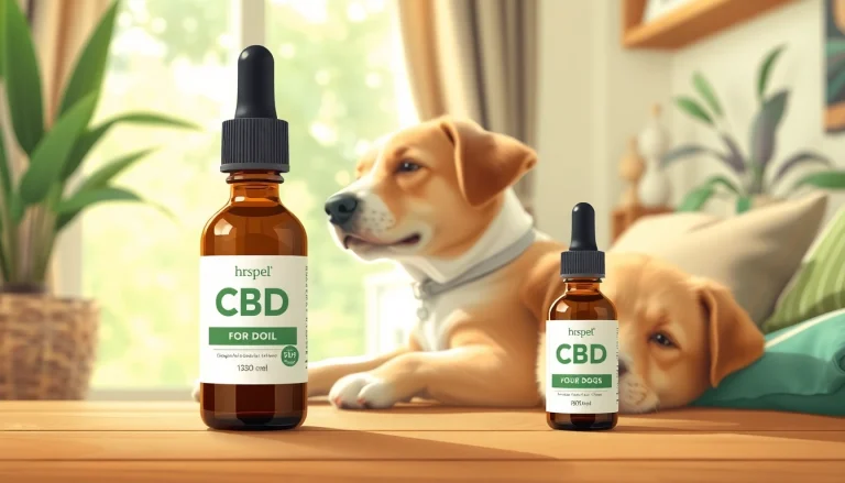 Calm dog with CBD Oil For Dog bottle in cozy setting.