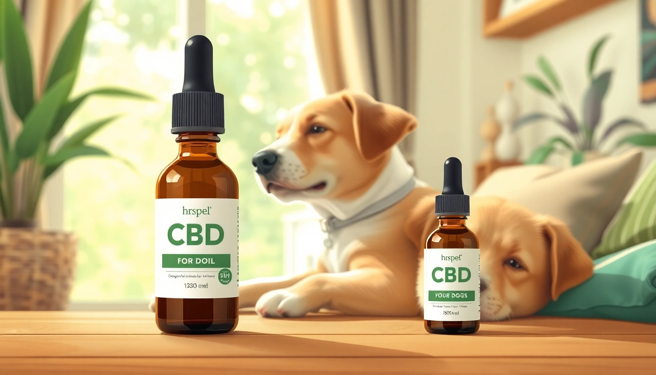 Calm dog with CBD Oil For Dog bottle in cozy setting.