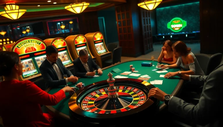 Excited players engage at the 99win poker table, surrounded by luxurious casino elements.