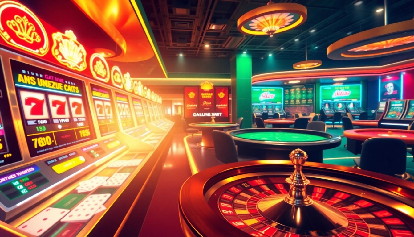 Captivating online gaming interface showcasing the top nhà cái with luxury slot machines and poker tables.