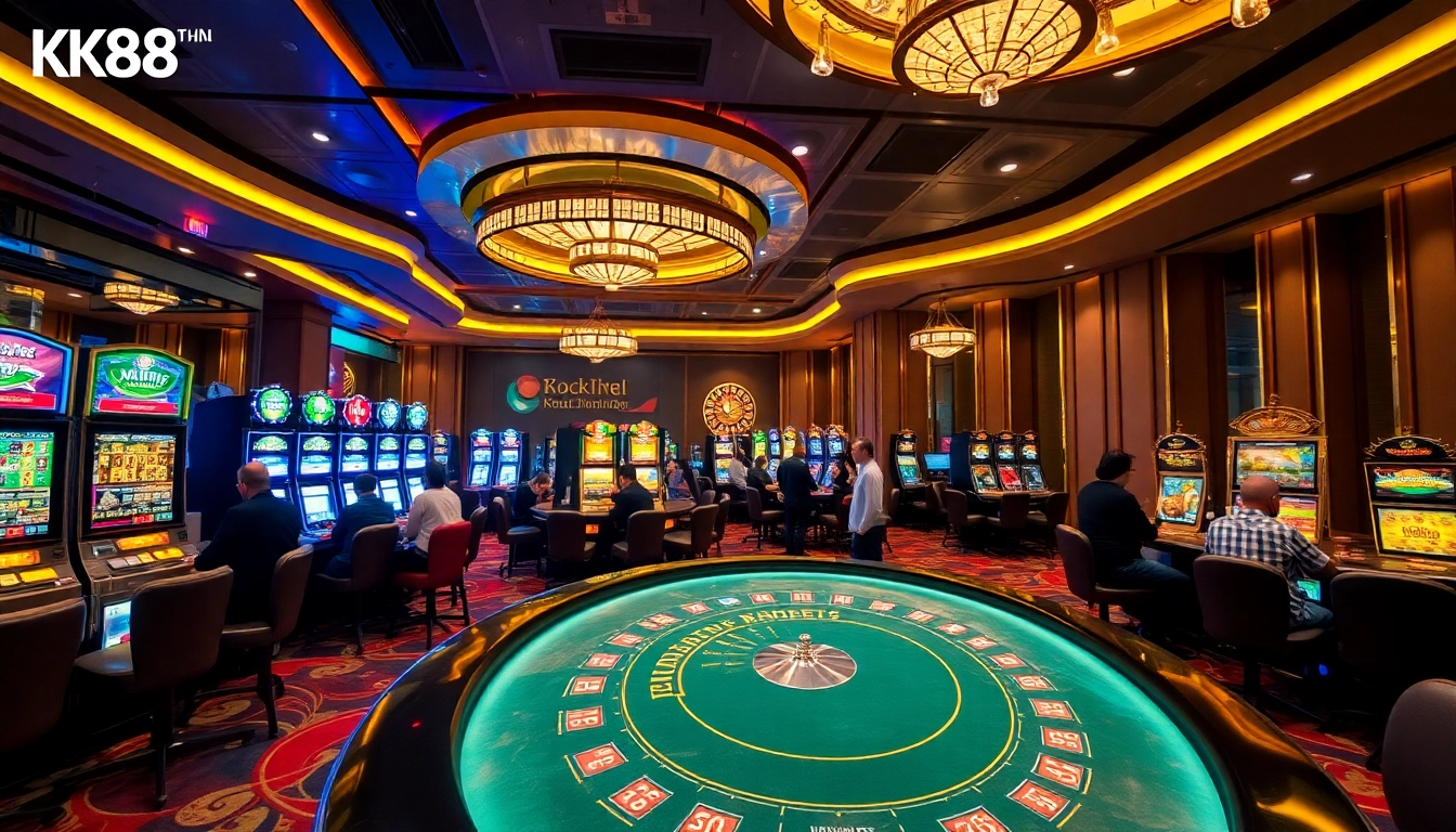 Exciting gambling scene at nhà cái k88win with vibrant slot machines and poker players.
