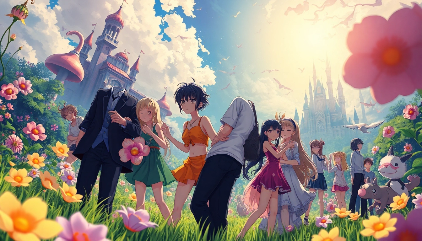 Anime sex scene featuring playful interactions among colorful characters in a fantasy landscape.