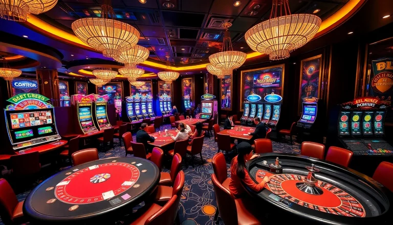 Exciting gaming scene at jeetbuzz ক্যাসিনো showcasing players at poker and roulette tables.