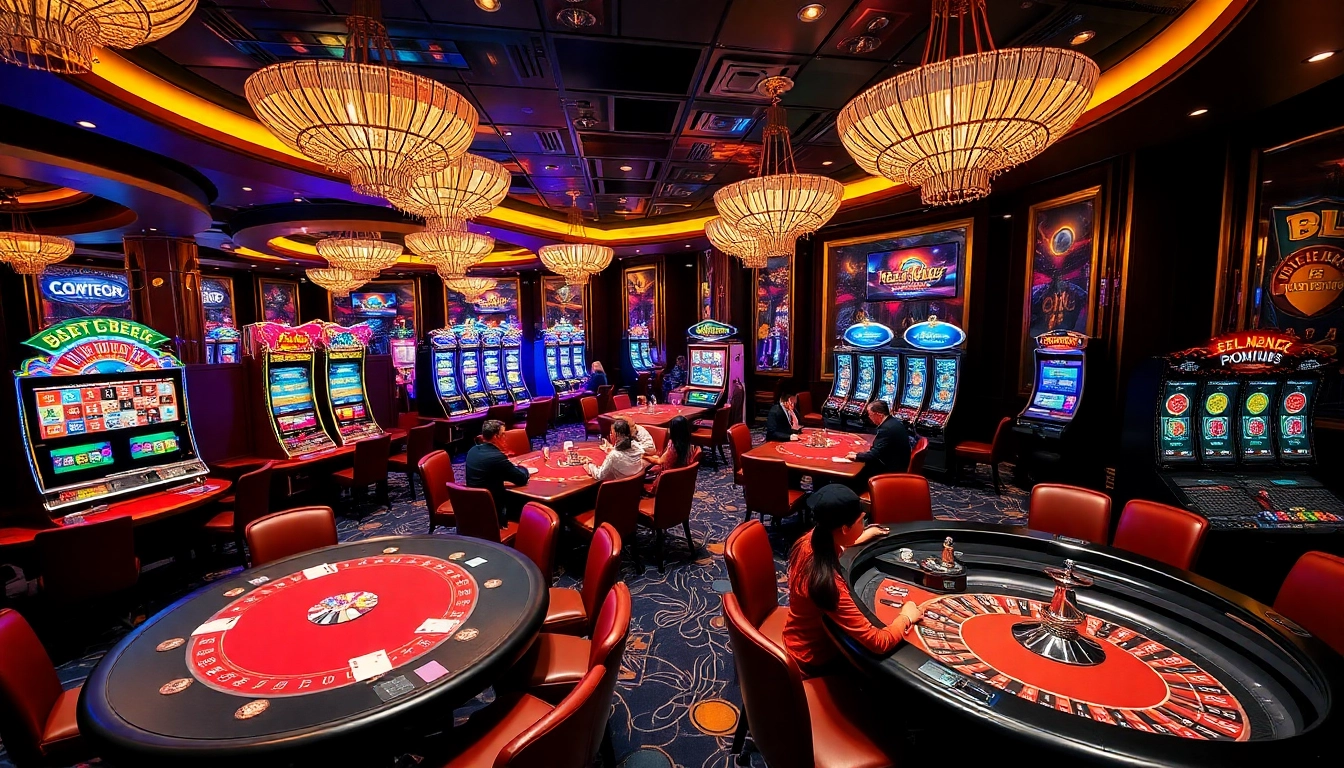 Exciting gaming scene at jeetbuzz ক্যাসিনো showcasing players at poker and roulette tables.