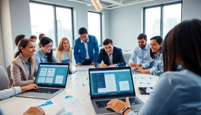 多元化专业人士在现代办公室环境中协同使用 WPS Office 软件。