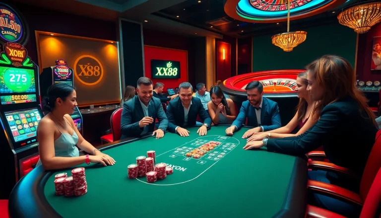 Engaging casino scene depicting players at xx88.com with vibrant slot machines and a poker table.