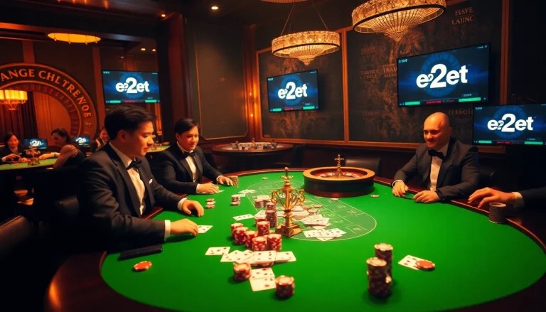 Players enjoying a thrilling game at the trang chủ e2bet online casino with poker chips and a roulette wheel.