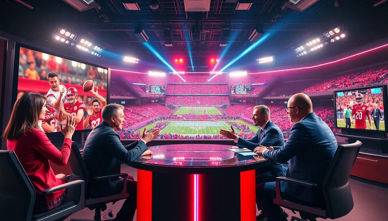 Hosts engaged in vibrant sports broadcasting with dynamic screens and high-energy atmosphere.