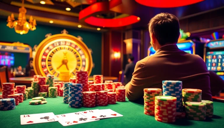 Play IDN Slot amidst luxurious casino excitement with colorful chips and engaging gameplay.