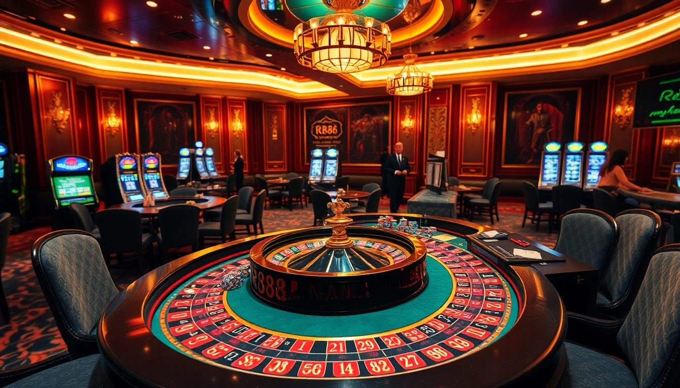 Experience the thrilling ambiance of RR88 casino with vibrant roulette and slot machines.