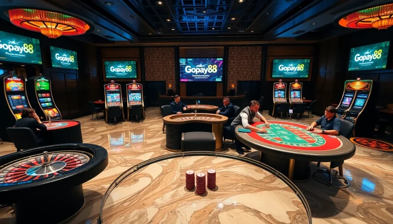 Gopay88 logo surrounded by poker chips and a vibrant casino atmosphere.