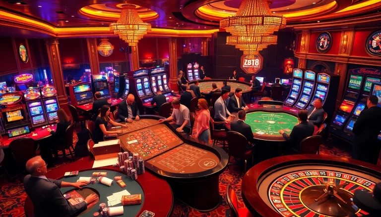 Experience the thrill of zbet68 with vibrant poker chips and roulette wheels in a luxury casino scene.