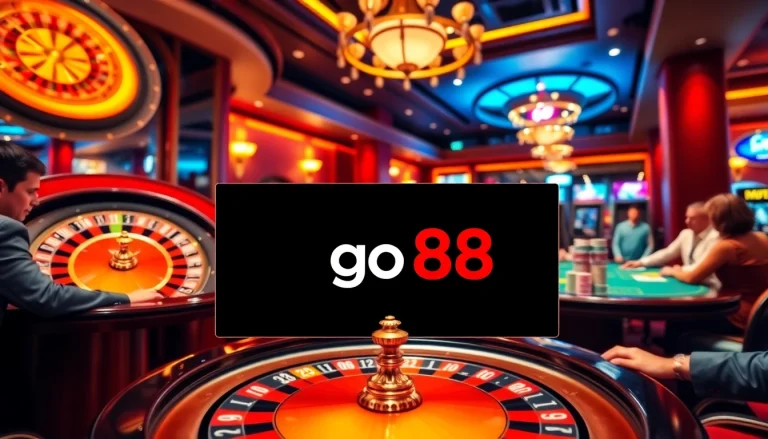 Experience the excitement of go 88 with vibrant poker tables filled with chips and a glowing roulette wheel.