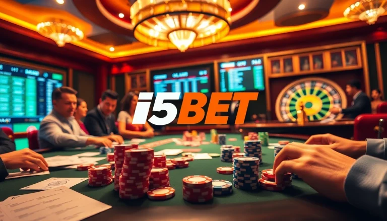 Players engaging in high-stakes poker at nhà cái i5bet's vibrant online casino, showcasing excitement.