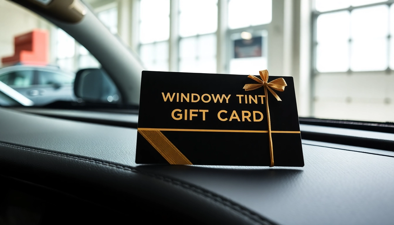 Gift window tint gift card showcased on a sleek car dashboard, offering a luxurious surprise.