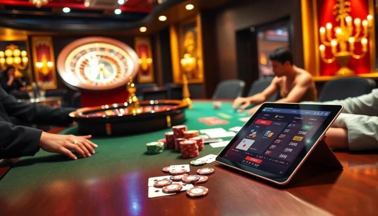 High-stakes poker game at a luxurious casino inspired by https://rr88co.net/, featuring cards and poker chips.
