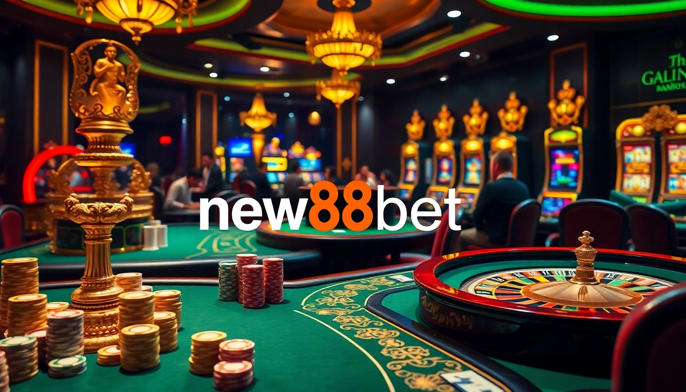 Experience thrilling gameplay with new88bet in a luxurious casino ambiance filled with vibrant colors and excitement.
