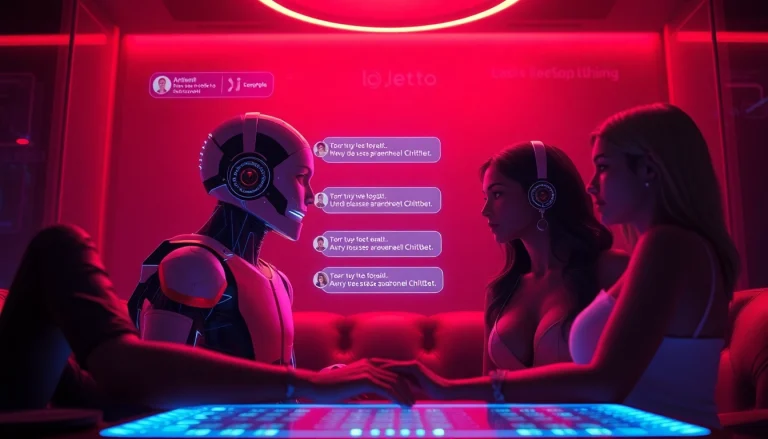 AI porn chat interaction in a futuristic romantic setting with engaging avatars.
