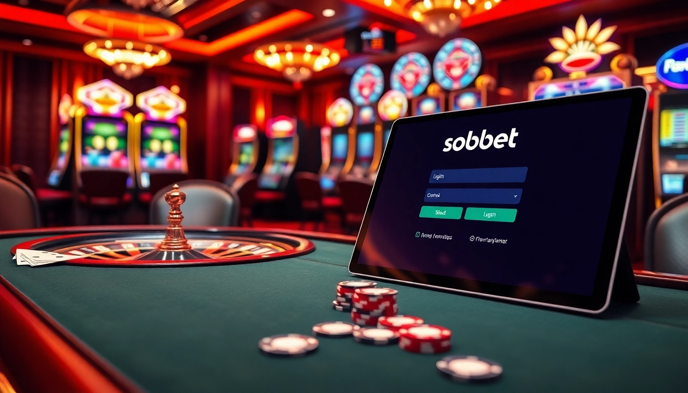 Sbobet login displayed on an elegant device at a luxurious casino table with chips and cards.