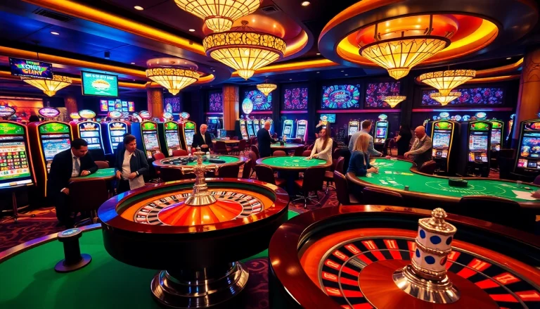 Exciting casino scene showcasing gambling tables, with an immigration lawyer Brisbane offering support for new players.
