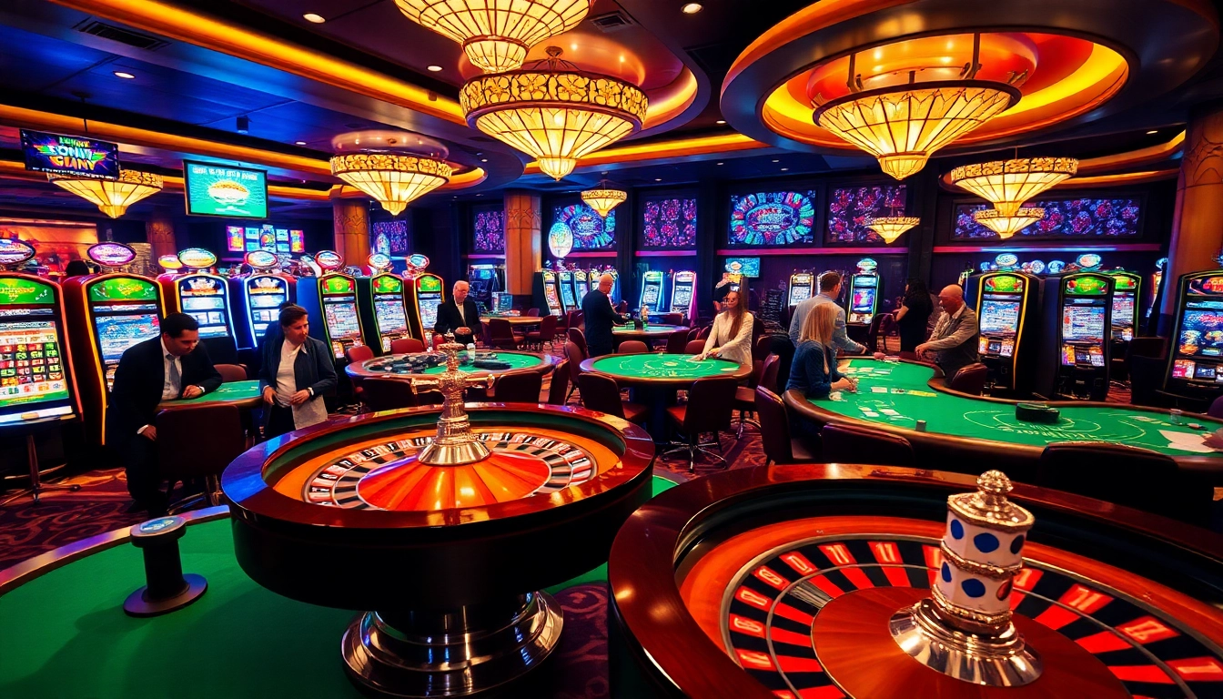 Exciting casino scene showcasing gambling tables, with an immigration lawyer Brisbane offering support for new players.