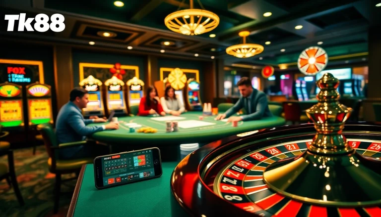 Tk88 casino scene with players at a poker table, vibrant slot machines, and a spinning roulette wheel.