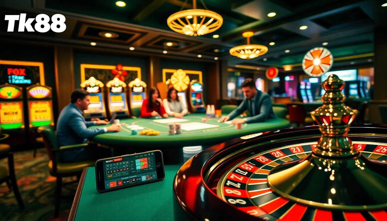 Tk88 casino scene with players at a poker table, vibrant slot machines, and a spinning roulette wheel.