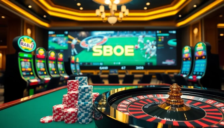 SBOBet logo on a luxurious casino table with vibrant slot machines and poker chips.