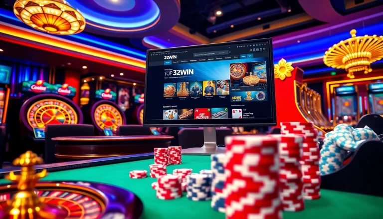 Players engaging with 32win's online casino platform, featuring vibrant gaming elements and excitement.