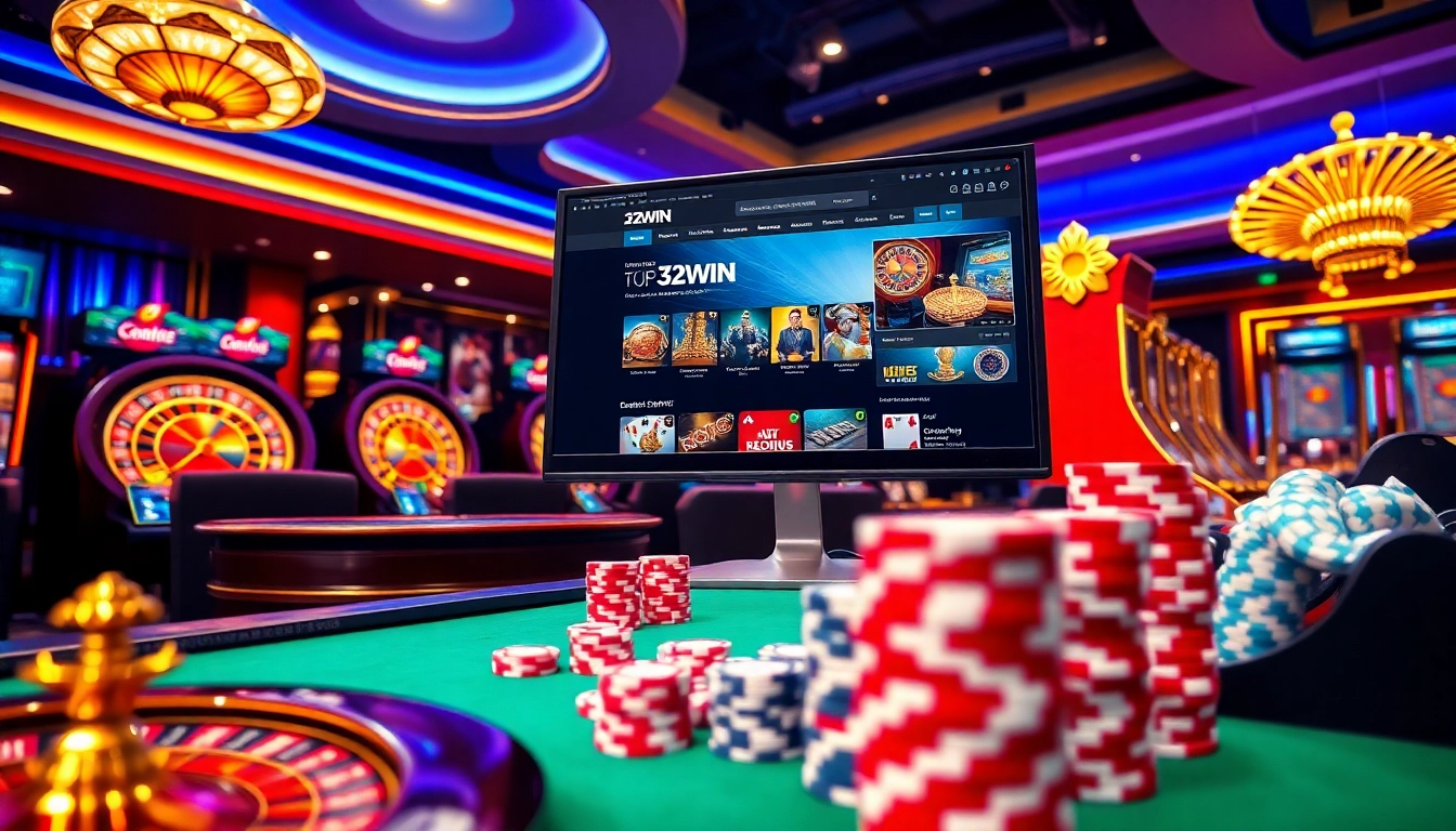 Players engaging with 32win's online casino platform, featuring vibrant gaming elements and excitement.