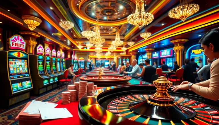 Gambling excitement at nhà cái nova88 with vibrant slot machines and a roulette table.