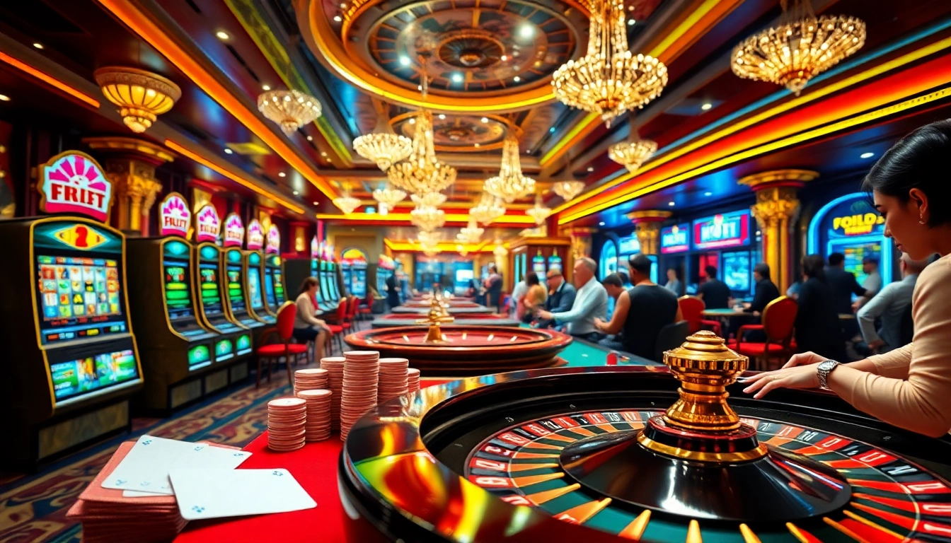 Gambling excitement at nhà cái nova88 with vibrant slot machines and a roulette table.