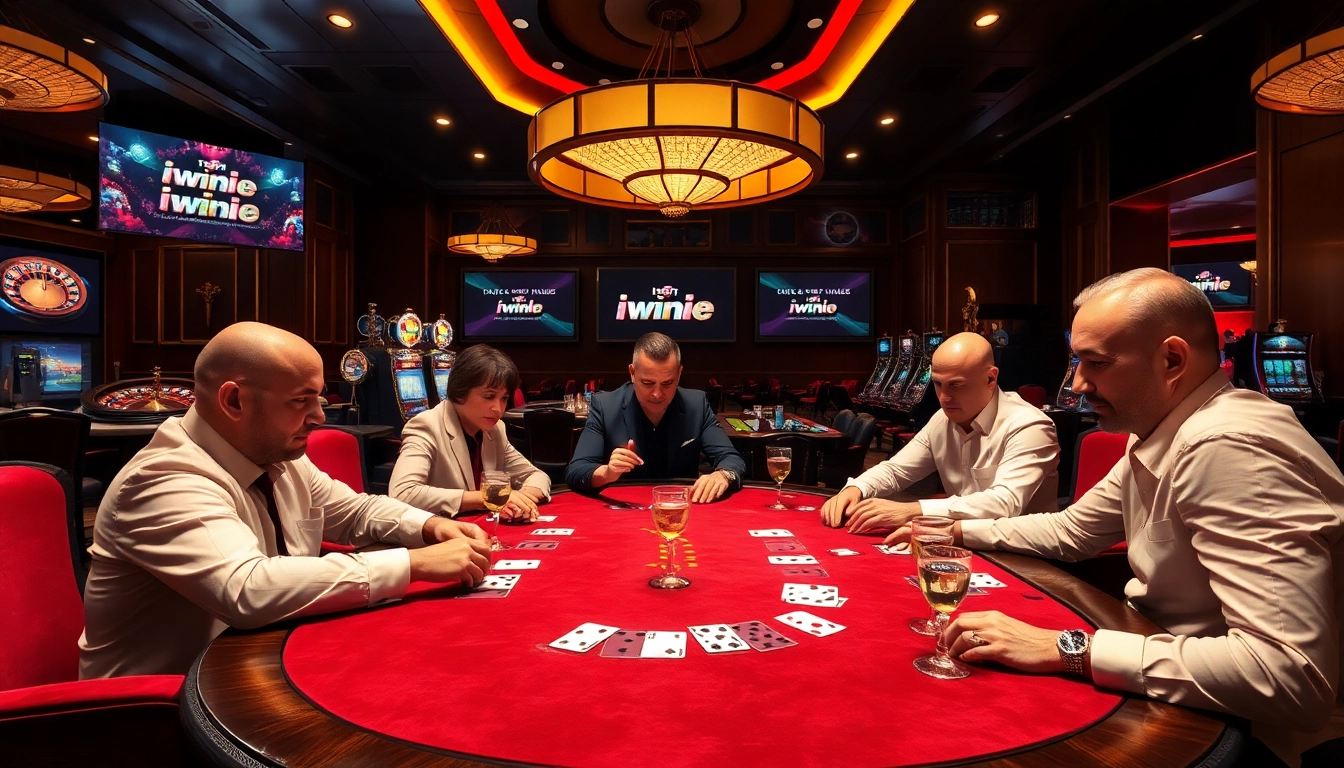 Intense poker game featuring iwinclub elements with luxury decor and vibrant emotions.