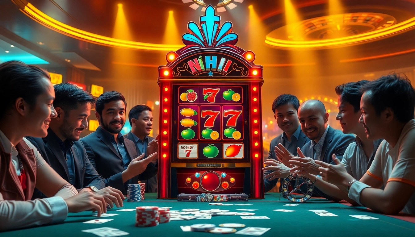 Nổ hũ slot machine in a vibrant casino scene with excited players and colorful symbols.