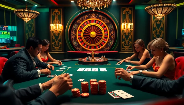 Cổng Game 789club features an immersive casino scene with engaged players at a poker table and vibrant roulette wheel.