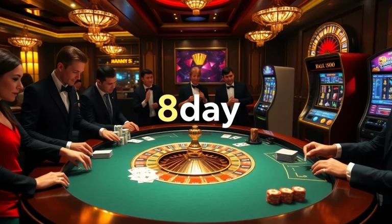Players enjoying a thrilling gaming experience at the 8day casino, featuring a luxurious roulette table.