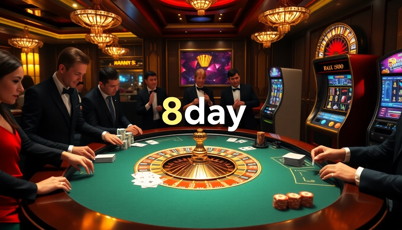 Players enjoying a thrilling gaming experience at the 8day casino, featuring a luxurious roulette table.