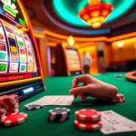 Player enjoying idnslot at a luxurious casino slot machine, vibrant colors and details.