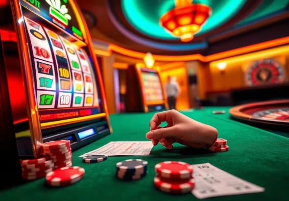 Player enjoying idnslot at a luxurious casino slot machine, vibrant colors and details.