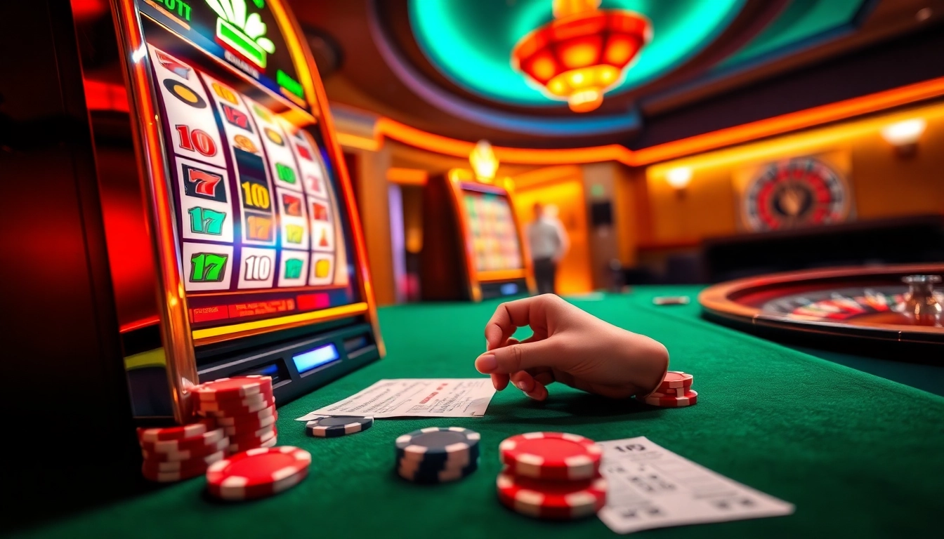 Player enjoying idnslot at a luxurious casino slot machine, vibrant colors and details.