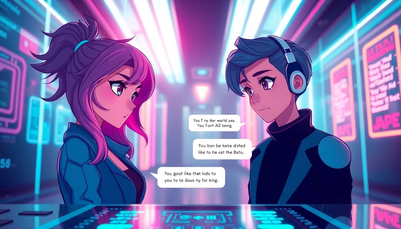 Intriguing NSFW character AI avatars engaging in playful dialogue in a vibrant digital setting.