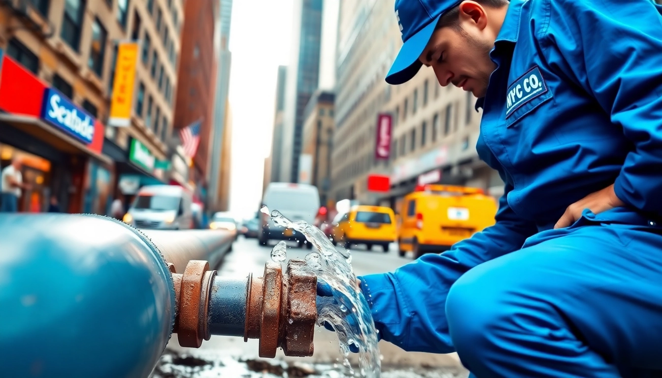 NYC emergency plumber & sewer technician repairing a sewer line amid skyscrapers, showcasing prompt and professional service.